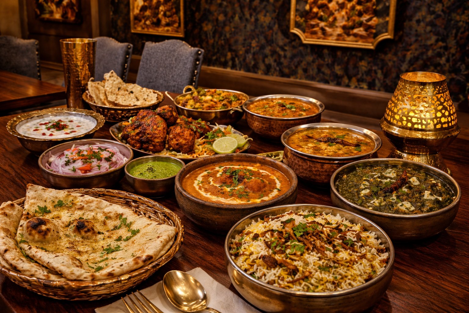 A table laid with biryani, garlic naan, curries, daal and raita in brass and copper bowls