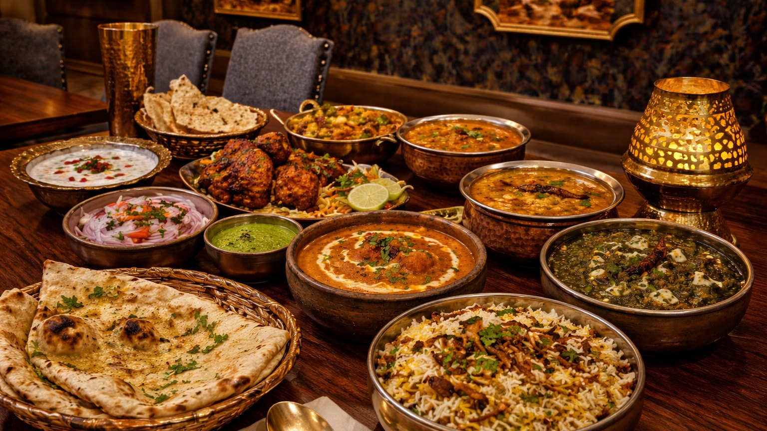 A table laid with biryani, garlic naan, curries, daal and raita in brass and copper bowls