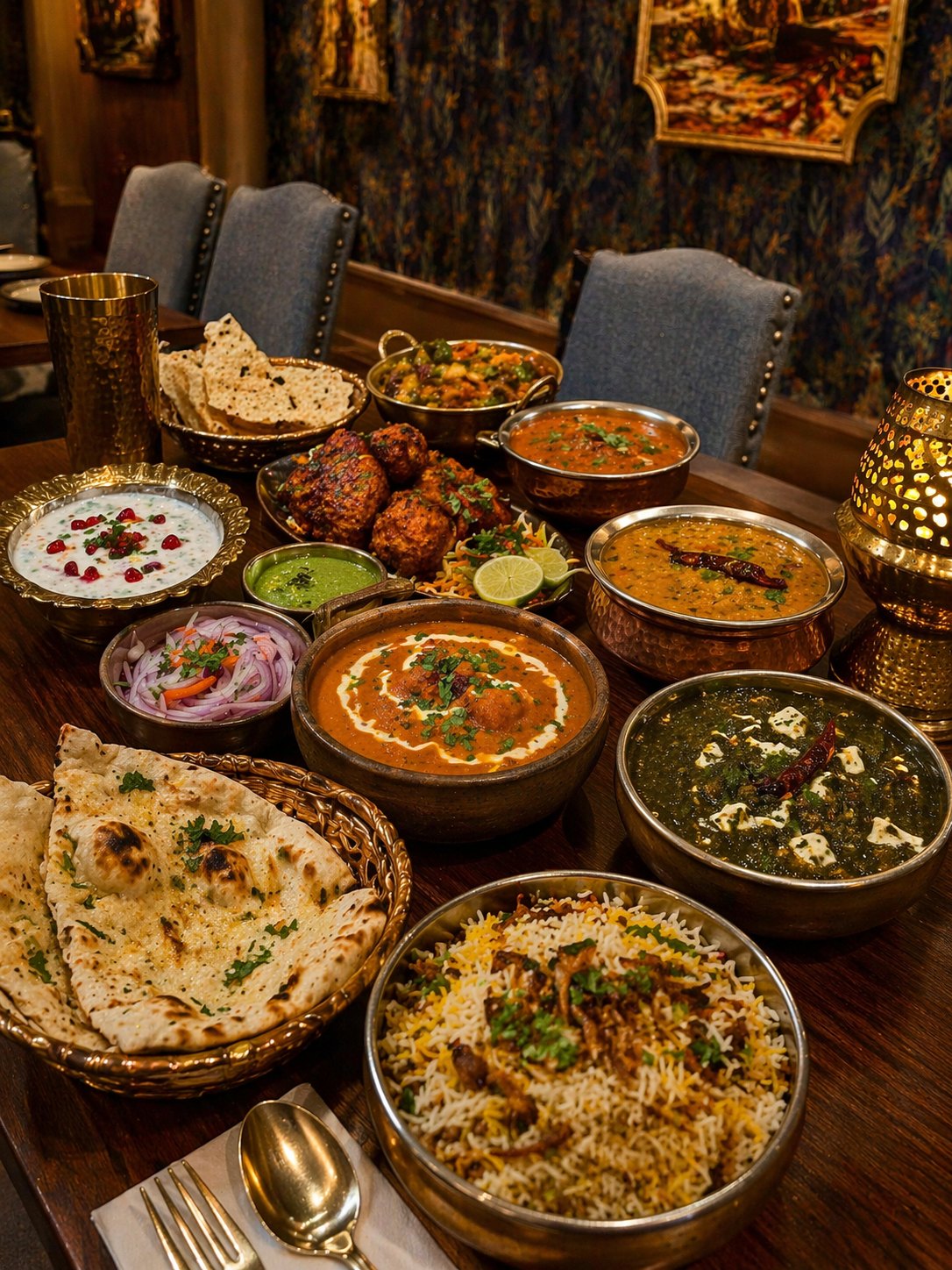 A spread of curries, biryani, naan, raita and tandoori on a table in the dining room